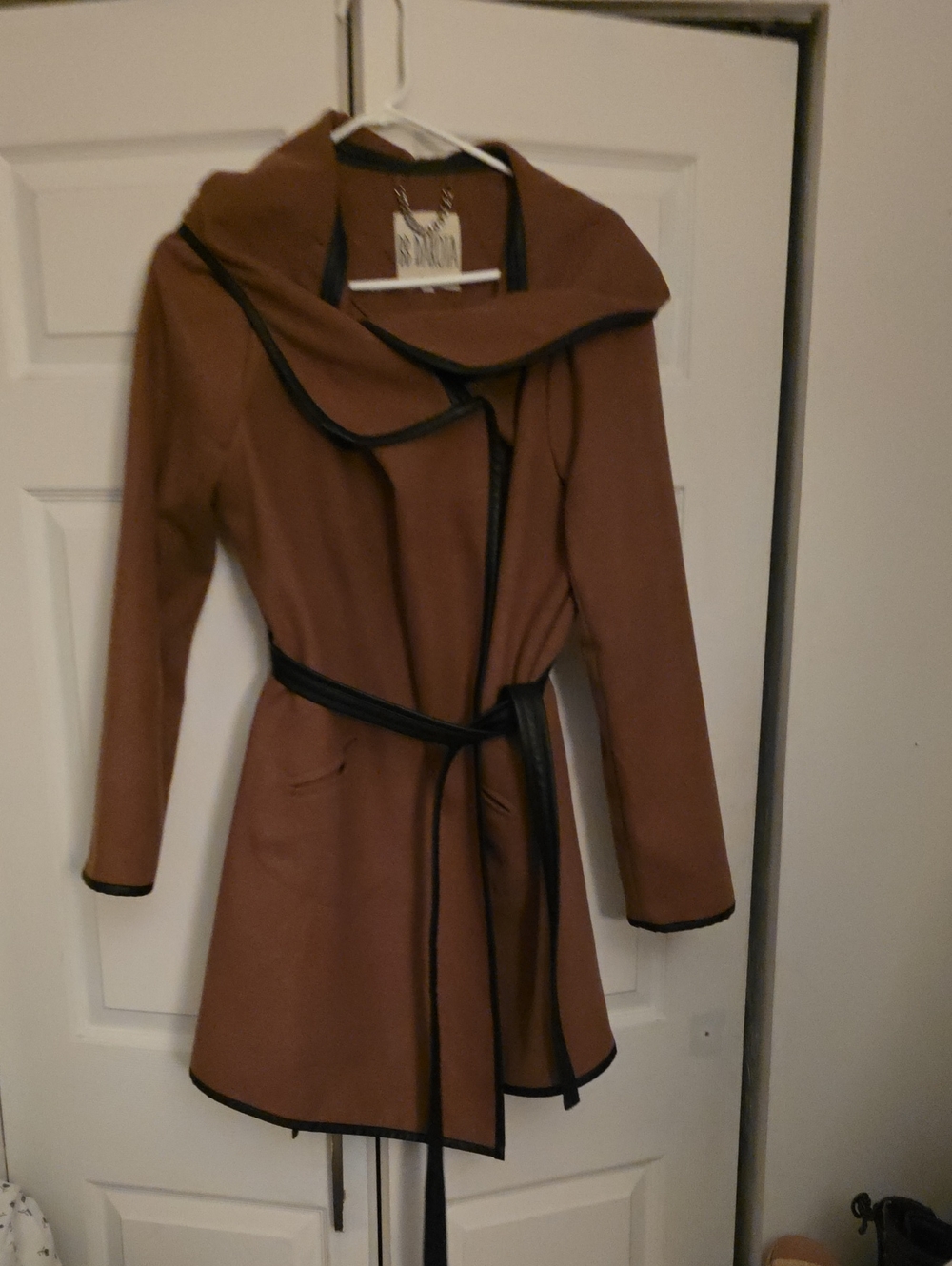 BB Dakota Brown Hooded Wrap Coat with Black Trim